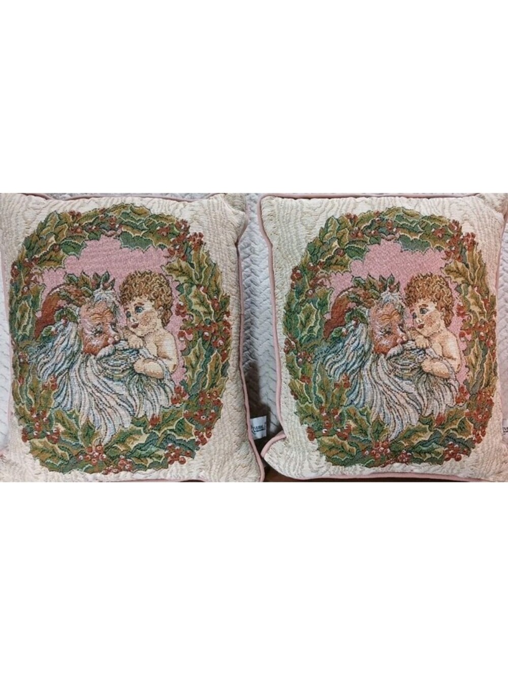 2 - Matching VTG River Dale Cross Stitched 14"x12" Pillows Santa & Baby USA Made